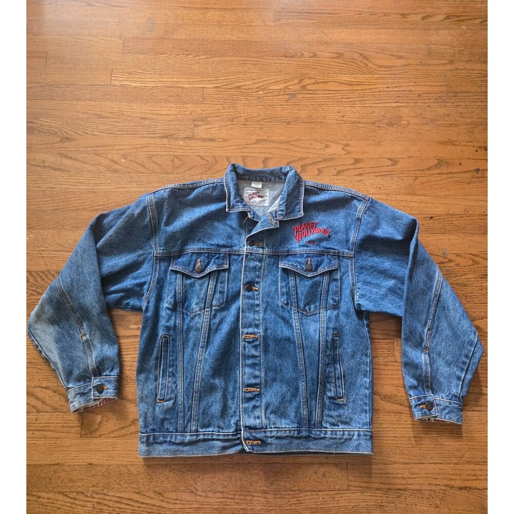 Vtg Planet Hollywood Embroidered Denim Trucker Jacket Size Large *Read*